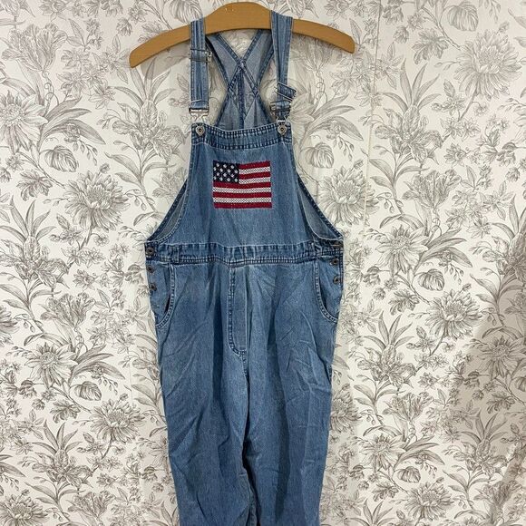 Vintage Agapo Denim Overalls Women Sz M USA Flag American Cross Stitch Embroider - Picture 3 of 14
